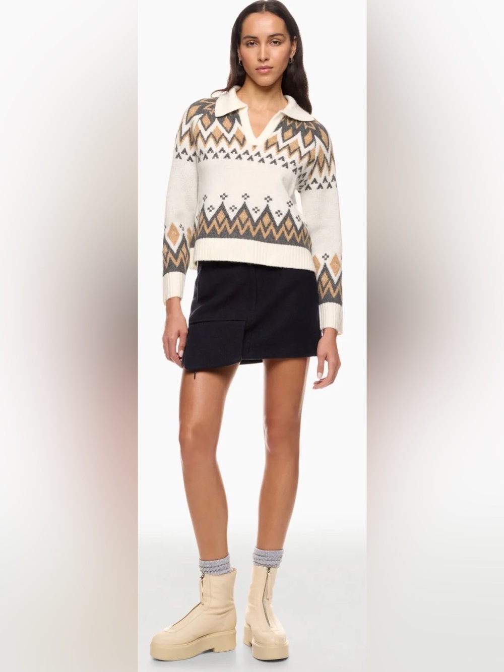 CeCe Cream, Brown & Pink Geometric Polo Sweater